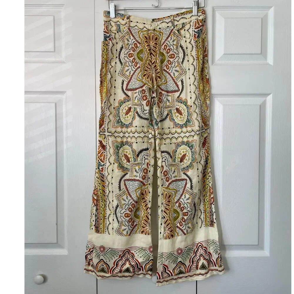 Zara Linen Blend Paisley Printed Cream and Earthtone Flare Leg Pants • Size XS